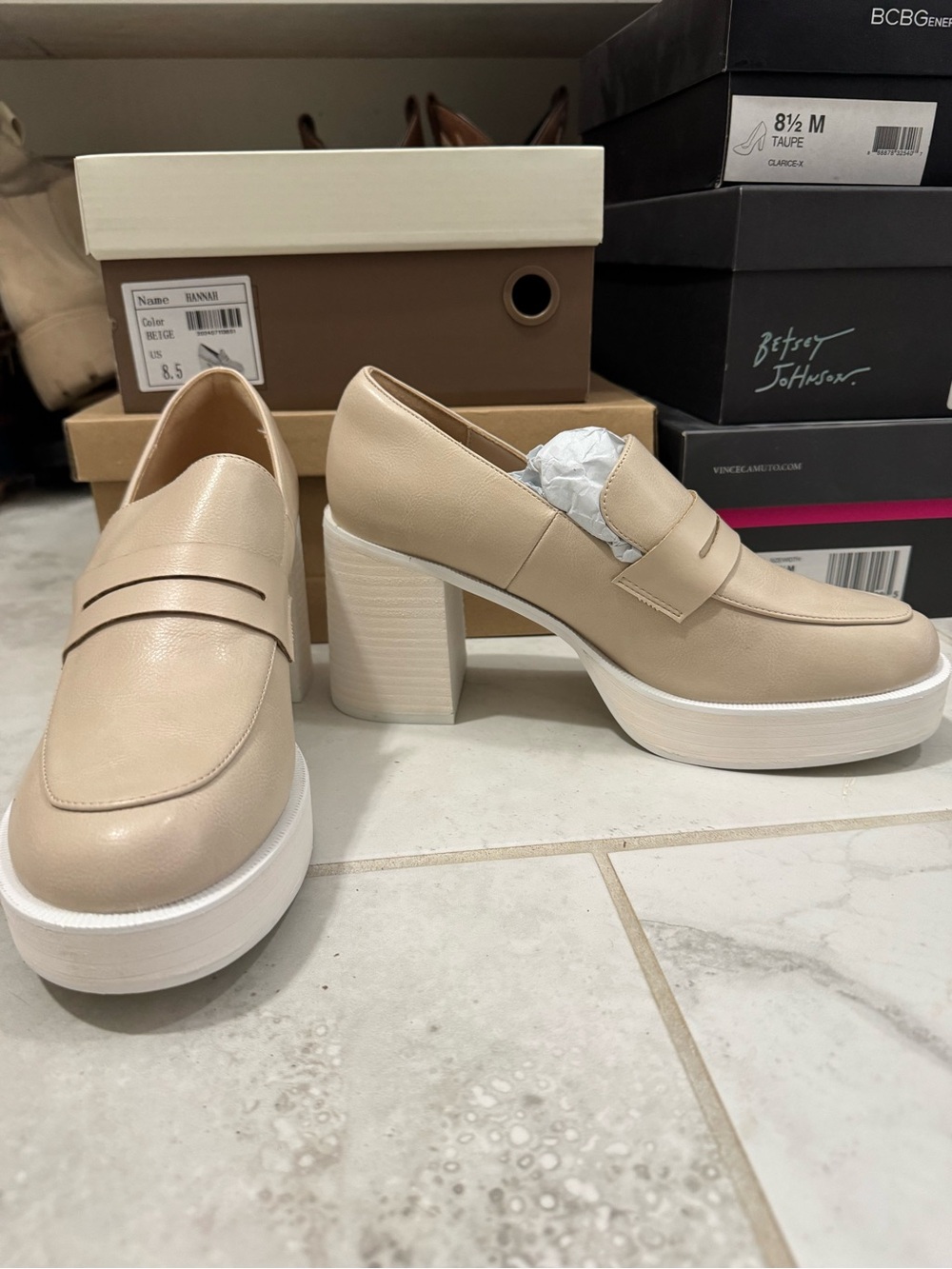Beige Platform Penny Loafers with Block Heel - Women